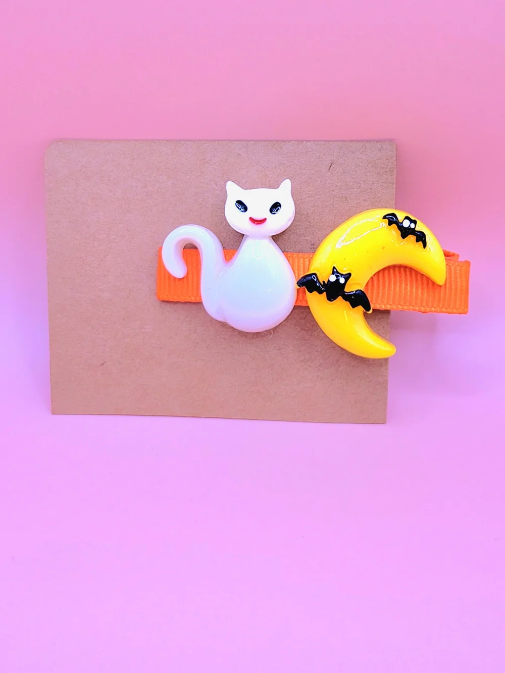 Cute White Cat & Yellow Moon Hair Clip - Halloween Accent